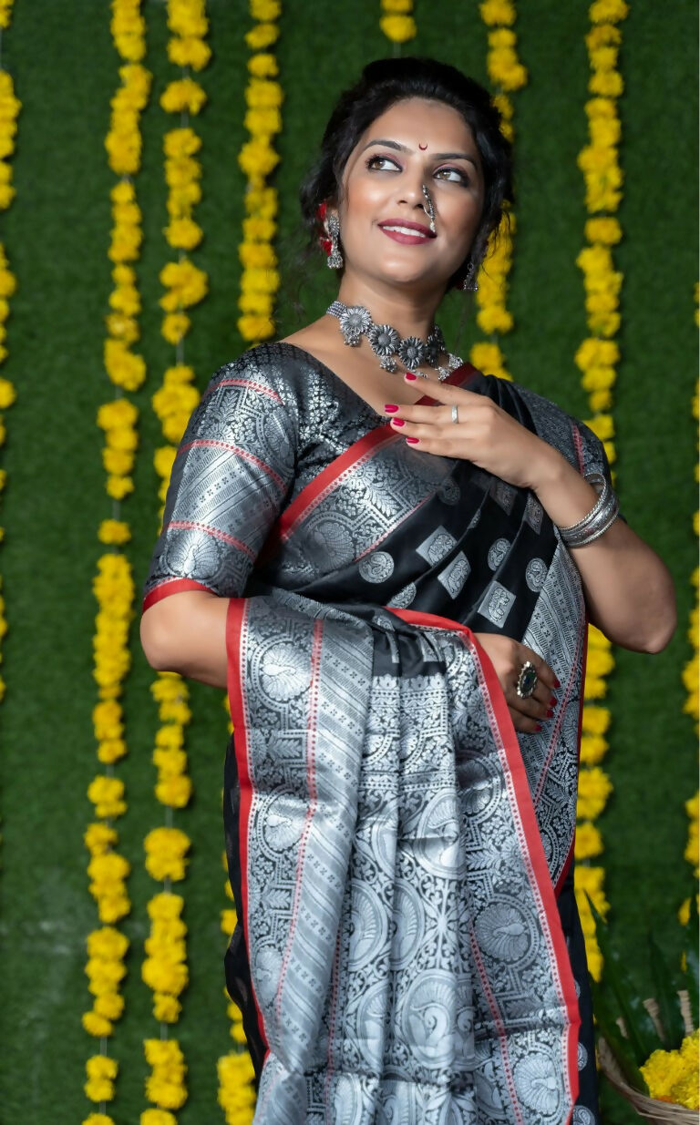 Black Soft Handloom Silk Saree with Zari Woven Details & Blouse
