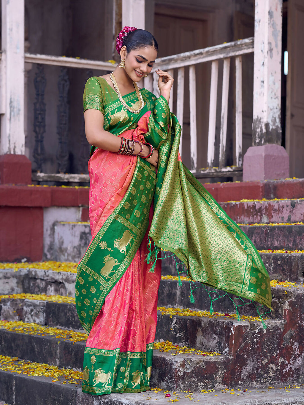 Peach Soft Silk Saree with Contrasting Green Blouse Piece