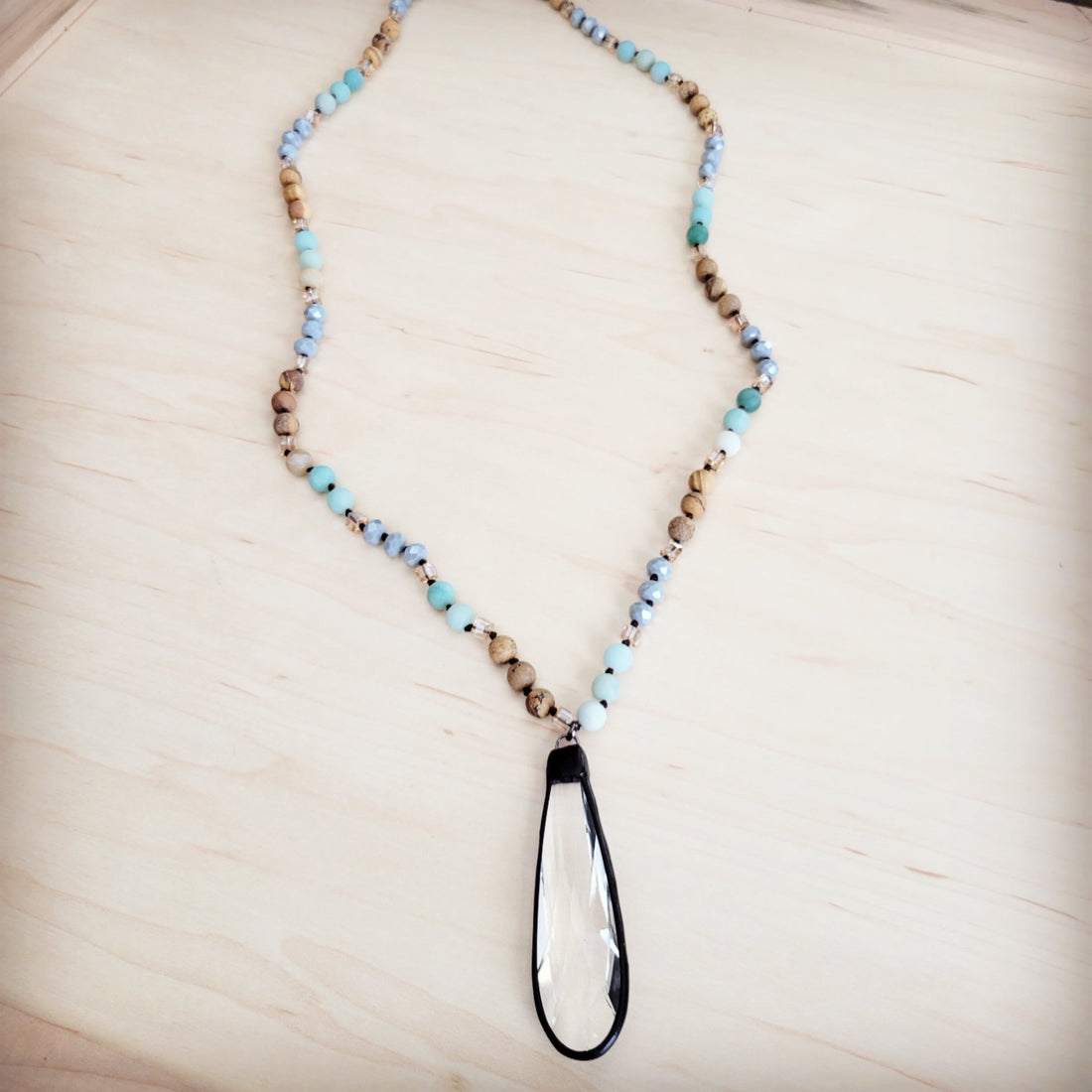 Picture Jasper and Amazonite Beaded Necklace with Crystal Pendant - Image 3