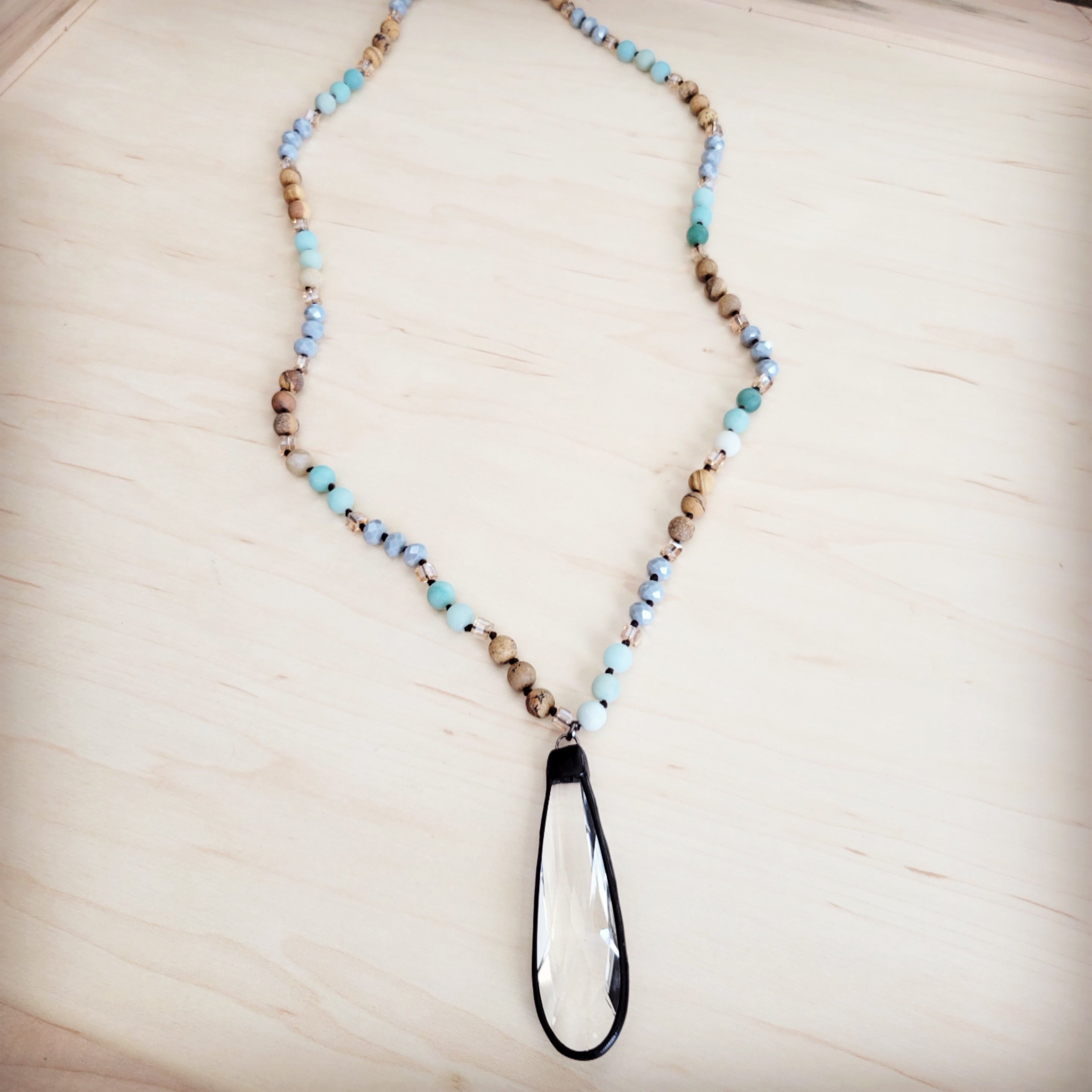 Picture Jasper and Amazonite Beaded Necklace with Crystal Pendant - Image 3