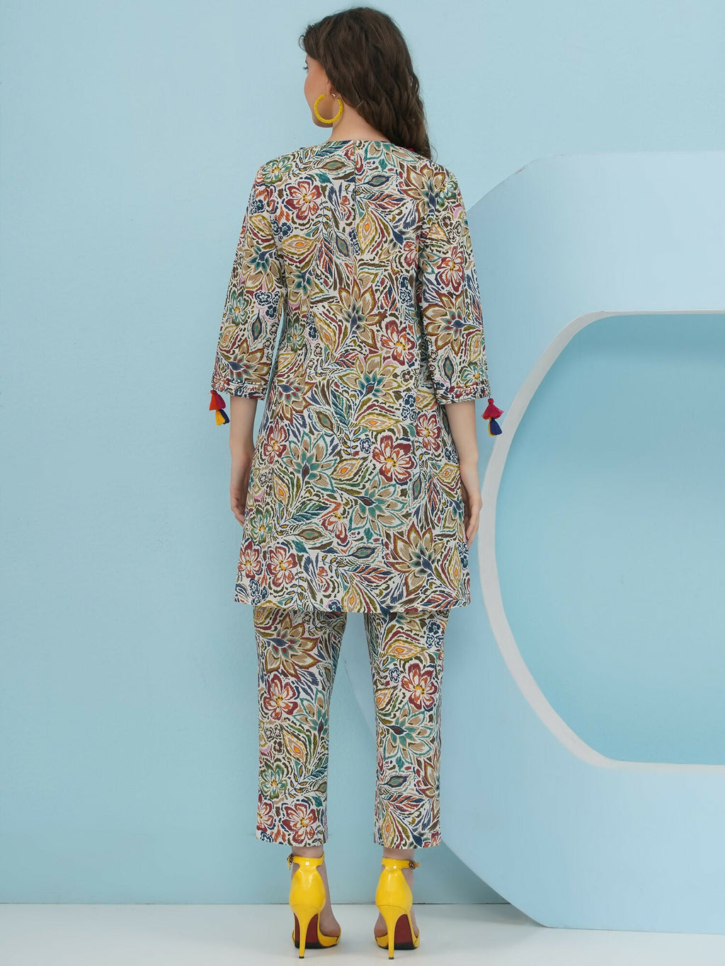 Floral Print Co Ord Set in Multi Color with Embellishment