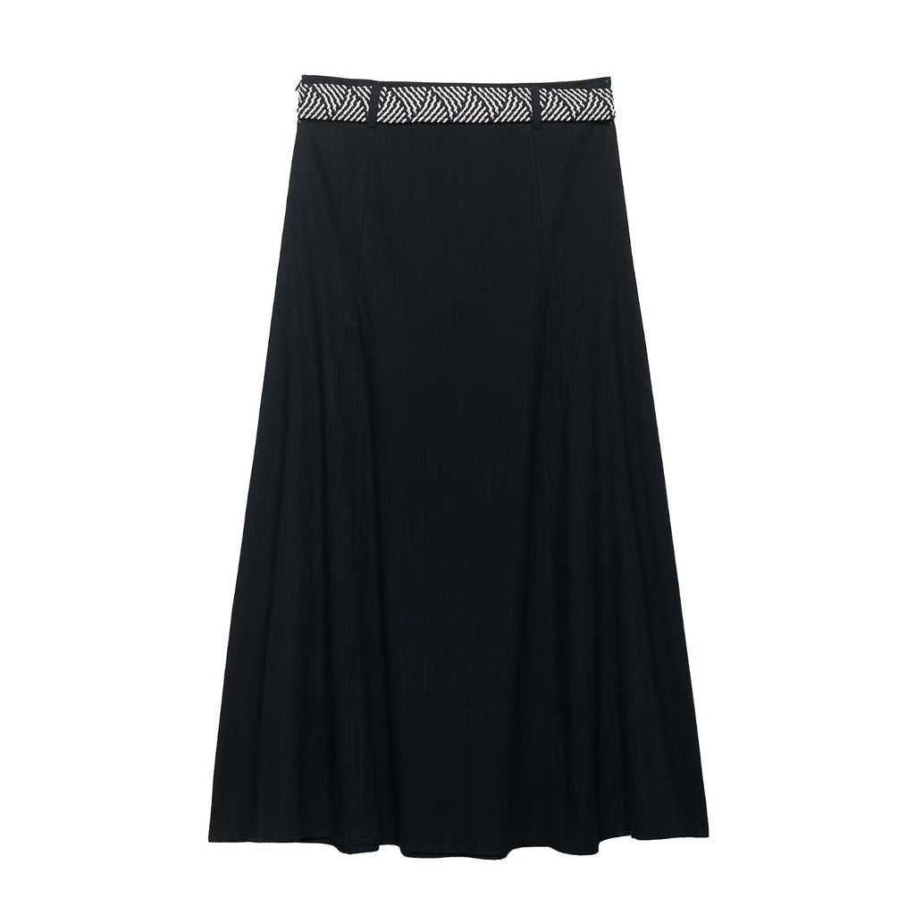 Women's Slim Fit A-Line Midi Skirt with Patterned Waist Belt - Image 2