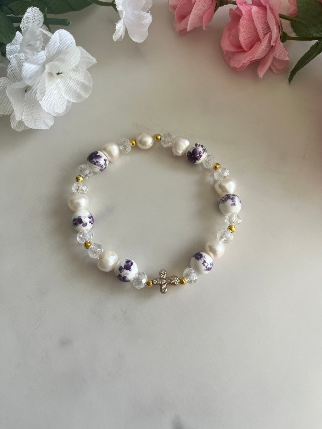 Freshwater Pearl Floral Cross Bead Bracelet Gold Accents