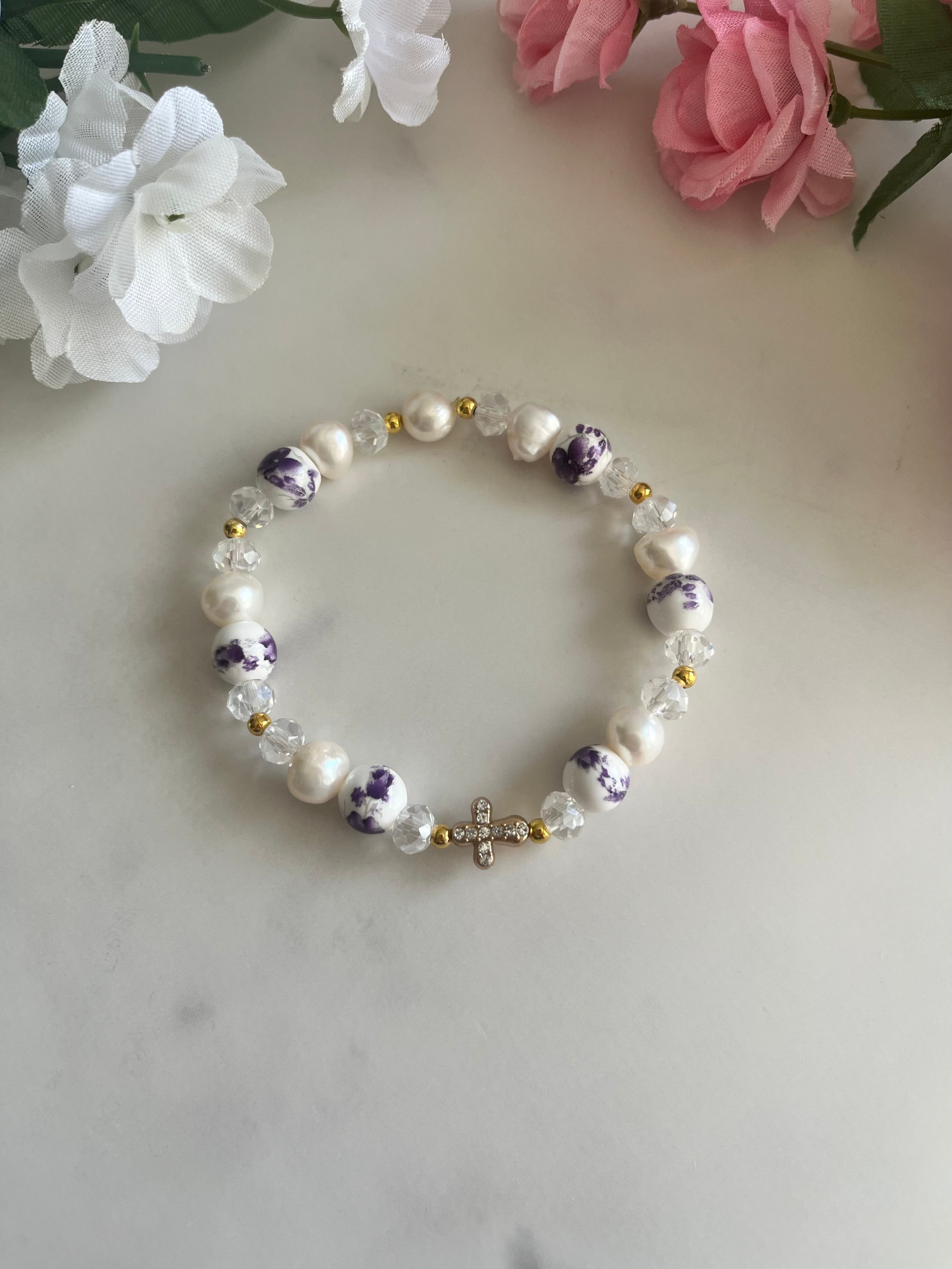 Freshwater Pearl Floral Cross Bead Bracelet Gold Accents