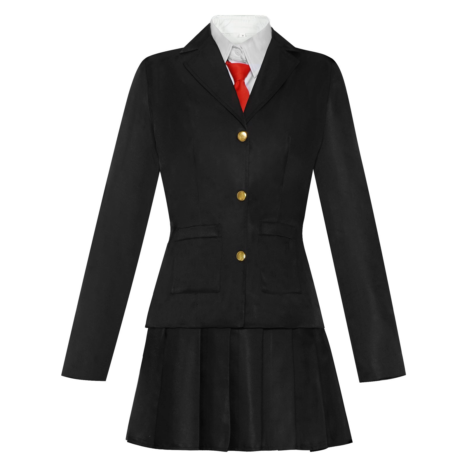 Full view of a women's Goth Uniform Cosplay outfit, featuring a black blazer with gold buttons, a white collared shirt, a red necktie, and a black pleated mini skirt, displayed on a ghost mannequin.