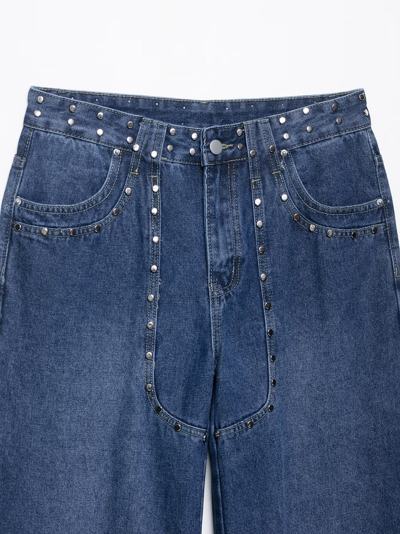 Dark Blue Harajuku Studded Embroidered Straight Leg Jeans - Image 5