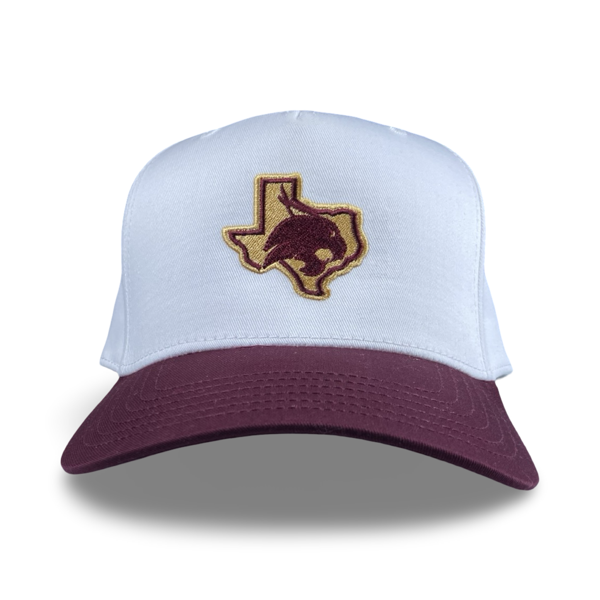 Texas Bobcat trucker hat featuring a maroon and gold embroidered patch with a Texas state outline and Bobcat silhouette.