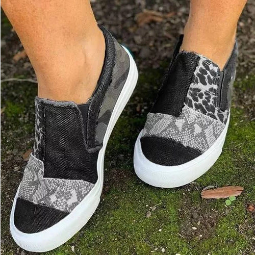 Women's Casual Patchwork Animal Print Canvas Slip-On Loafers