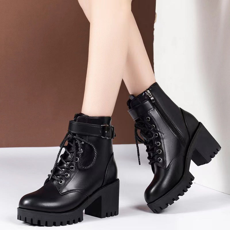 Women's Black Lace-Up Buckle Chunky Platform Combat Boots