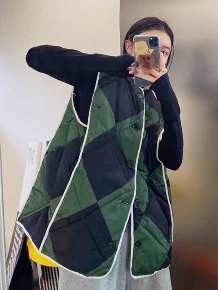 Women's Harajuku Green & Black Quilted Cotton-Padded Coat - Image 3