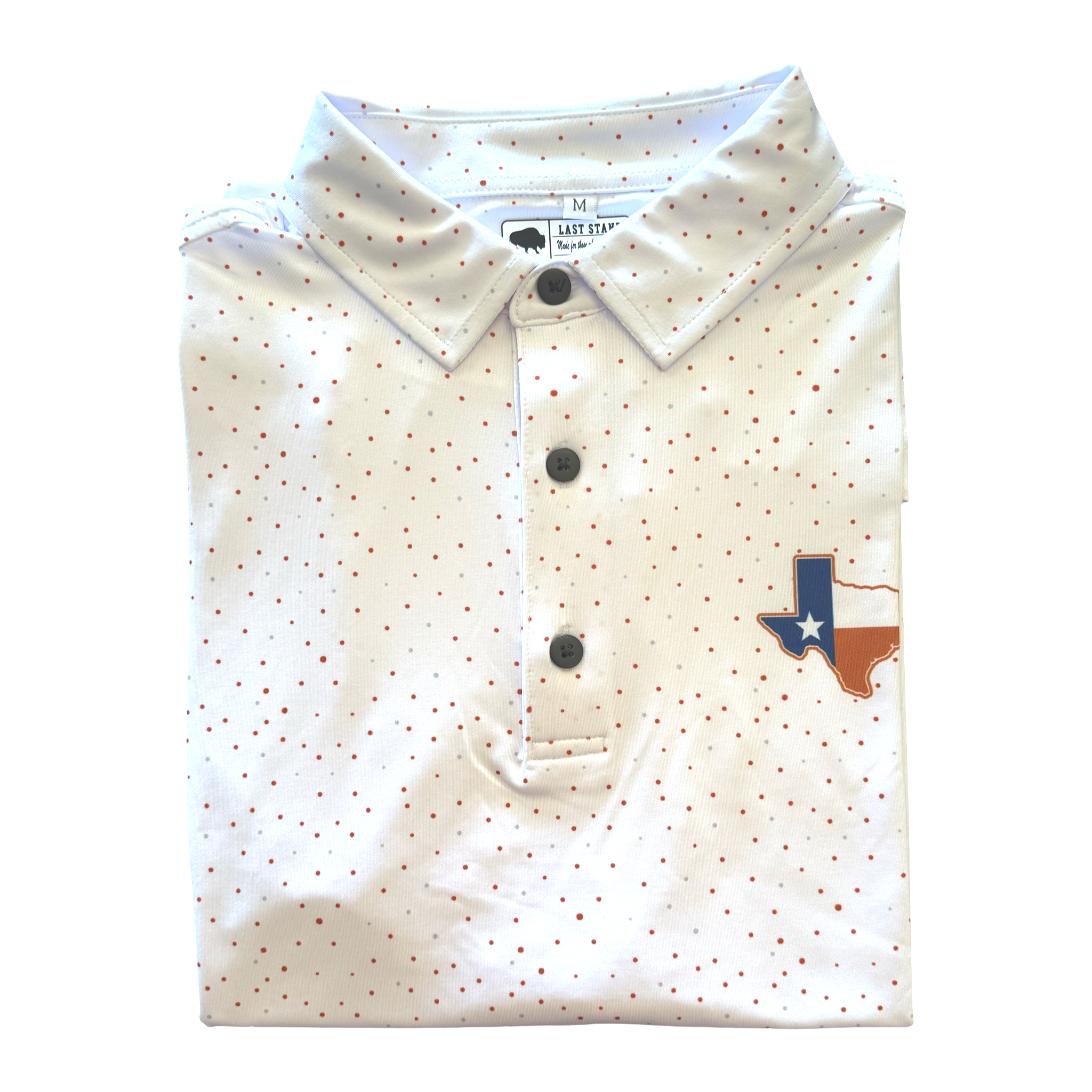 Men's white polo shirt with micro red polka dots and a Texas state emblem on the chest