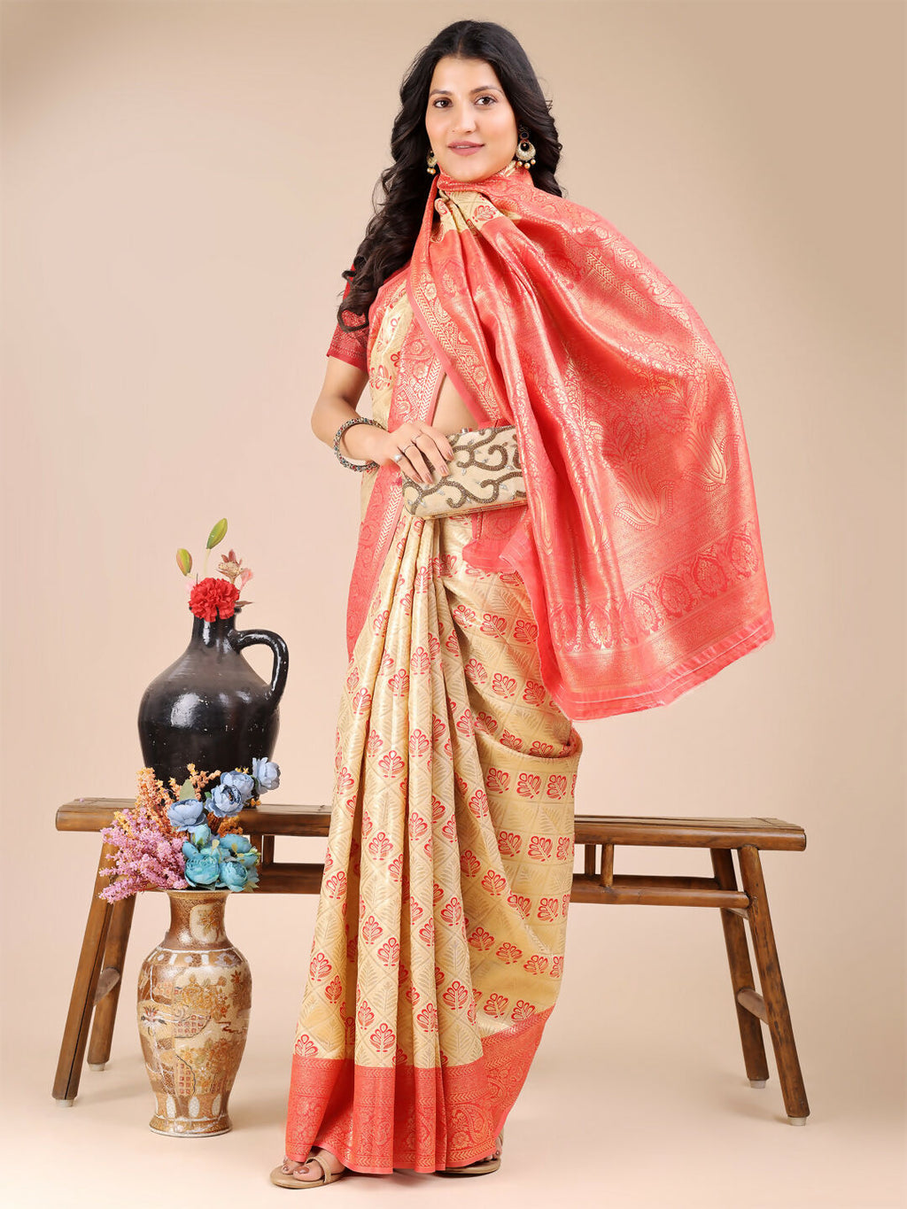 Cream and Red Banarasi Silk Saree with Blouse Piece