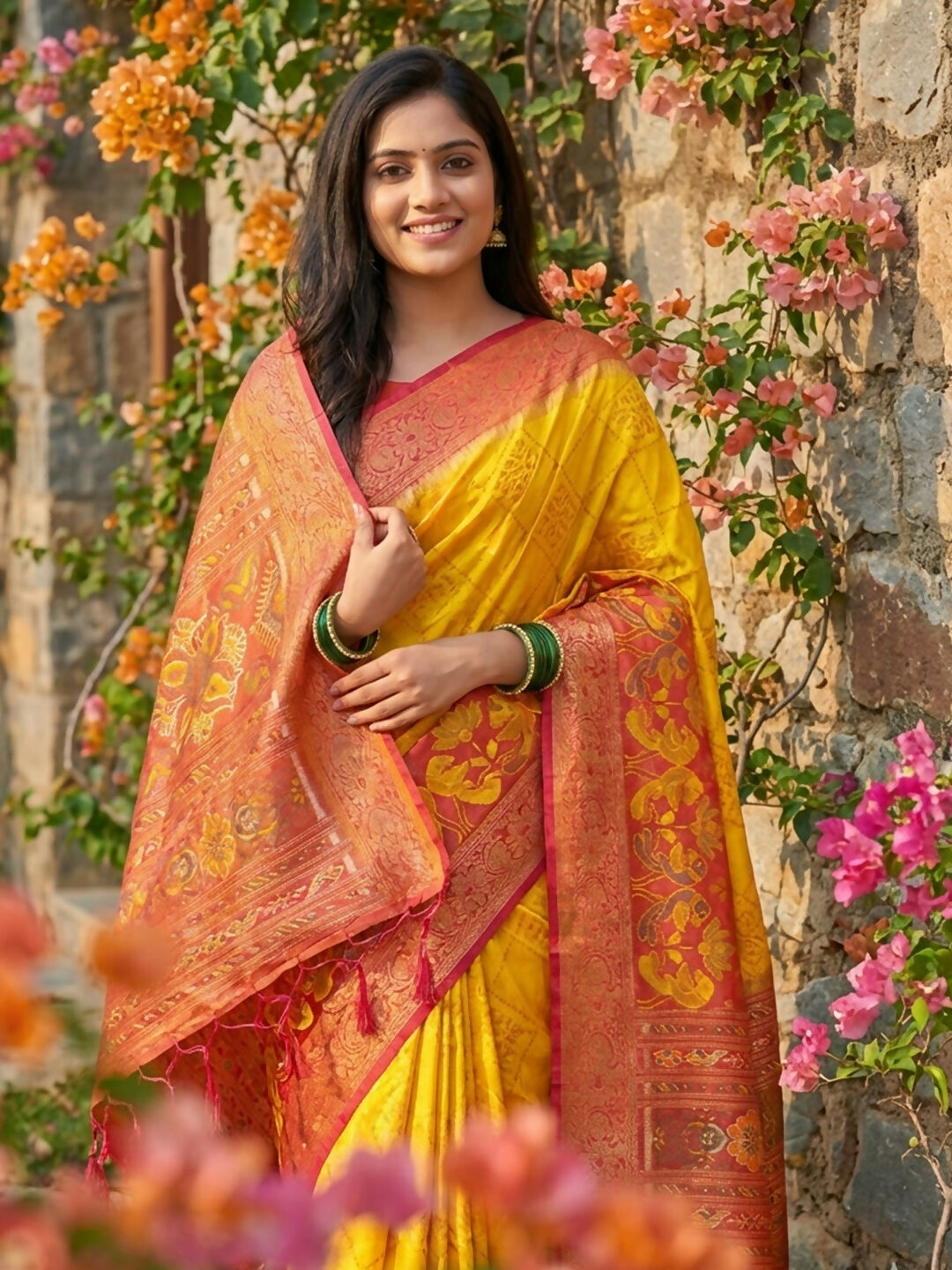 Yellow Pochampally Silk Saree with Matching Blouse Piece