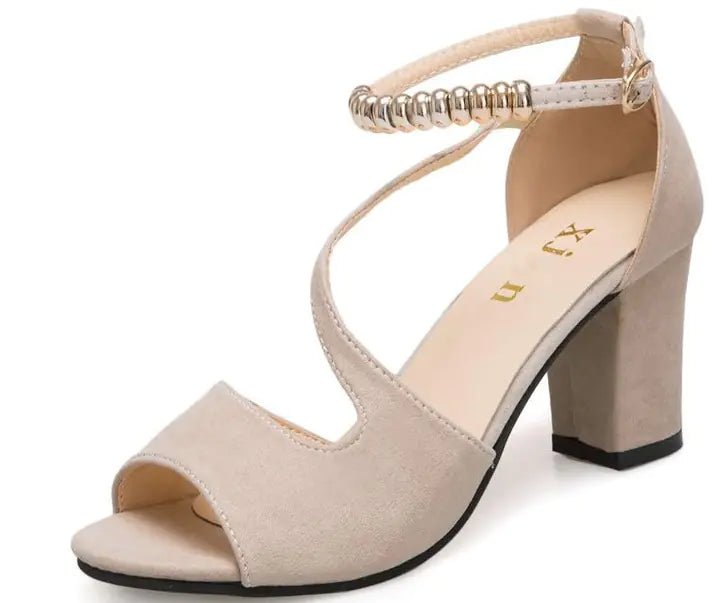 Women's Suede Mid-Heel Sandals with Buckle Strap Fish Mouth Design - Image 11