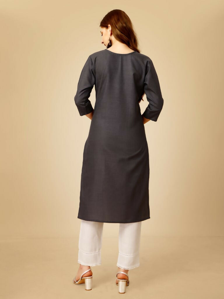 Grey Cotton Blend Embroidered Kurta Pant Set with Sequence Details