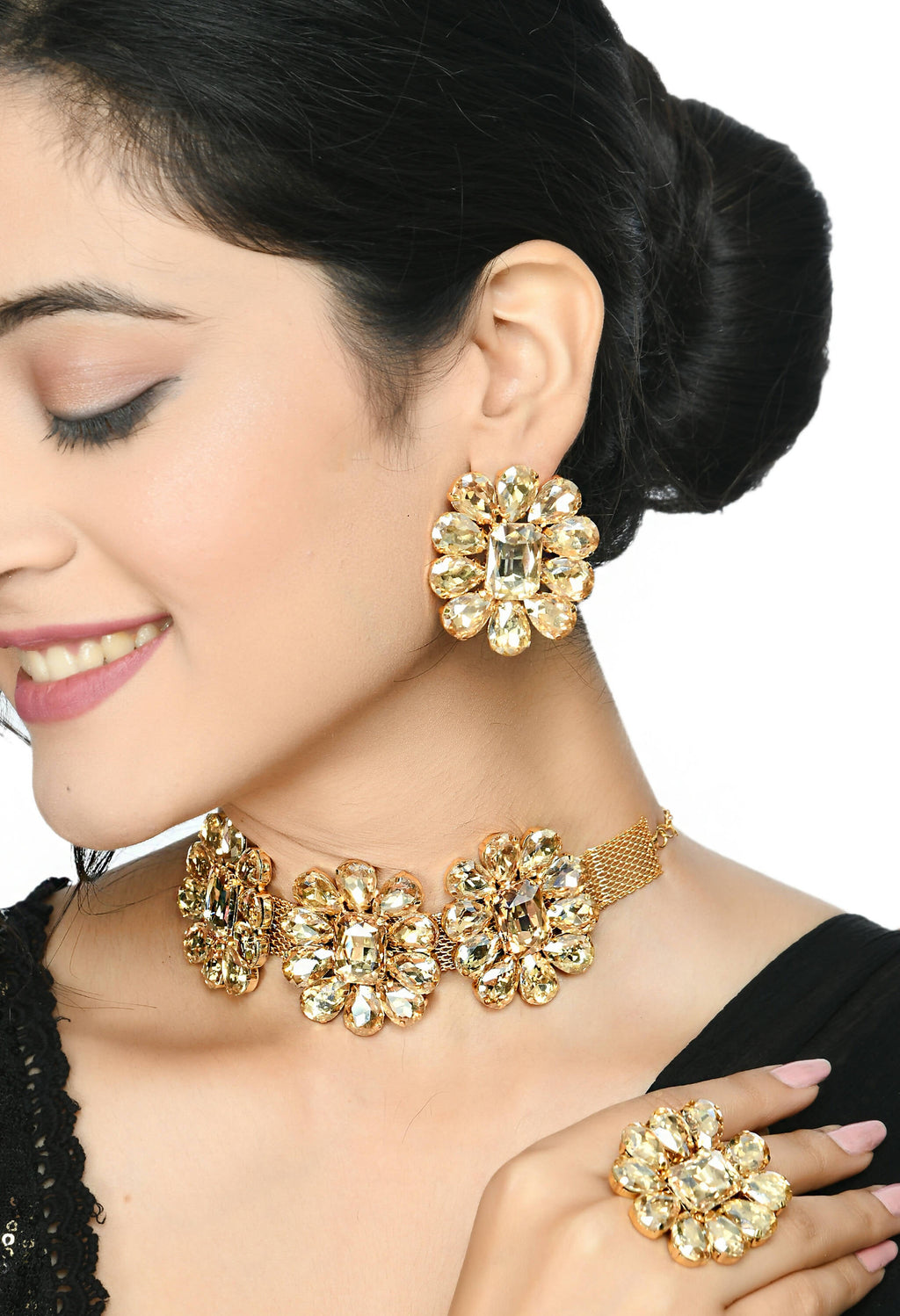 Little girl wearing a gold-polished brass finish stone choker necklace