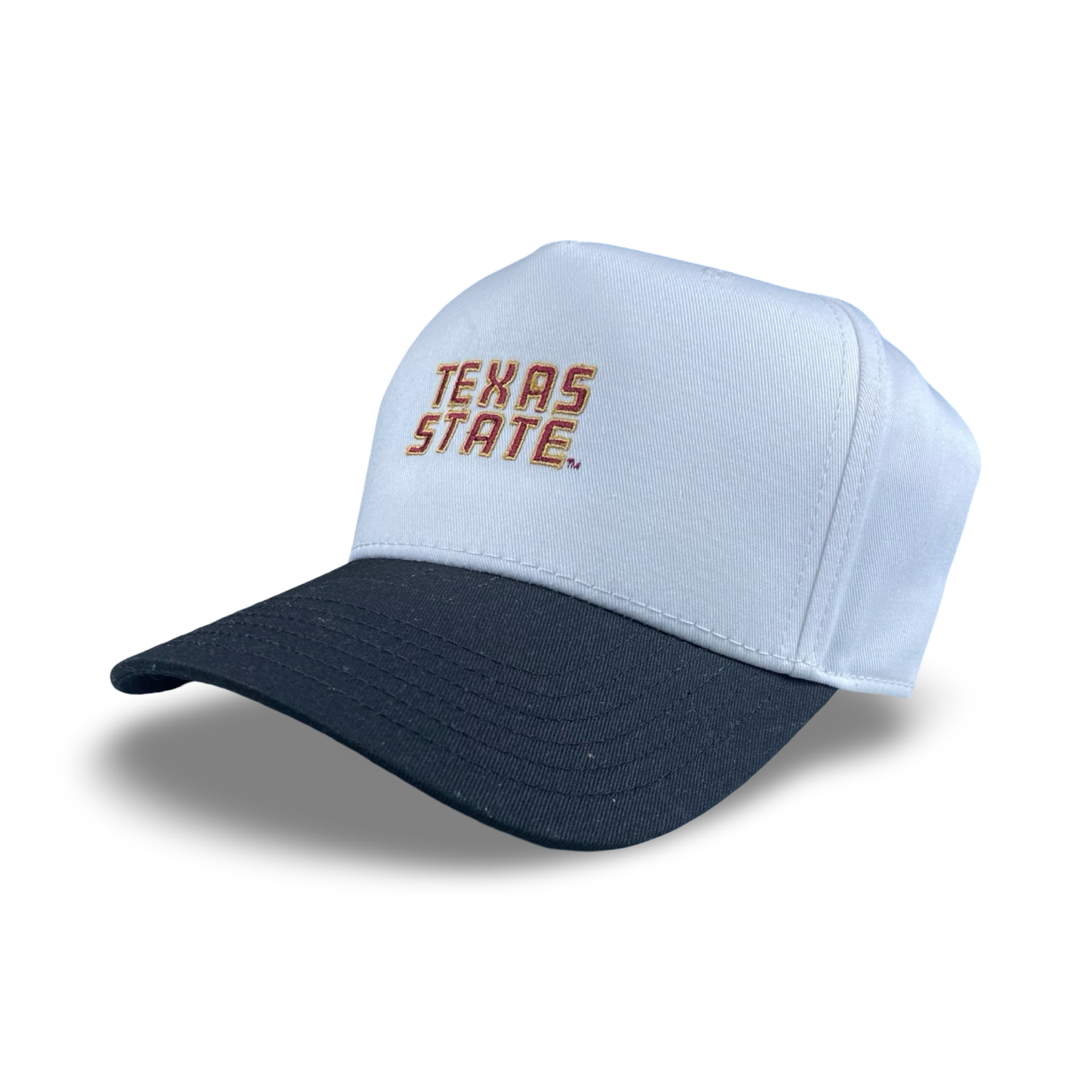 Texas State Bobcats trucker hat with maroon and gold text on a white crown and black bill.
