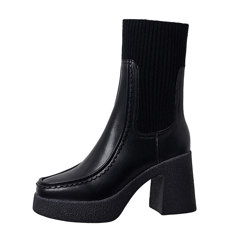 Women's Genuine Leather Chunky Platform Ankle Boots Black & Brown - Image 4