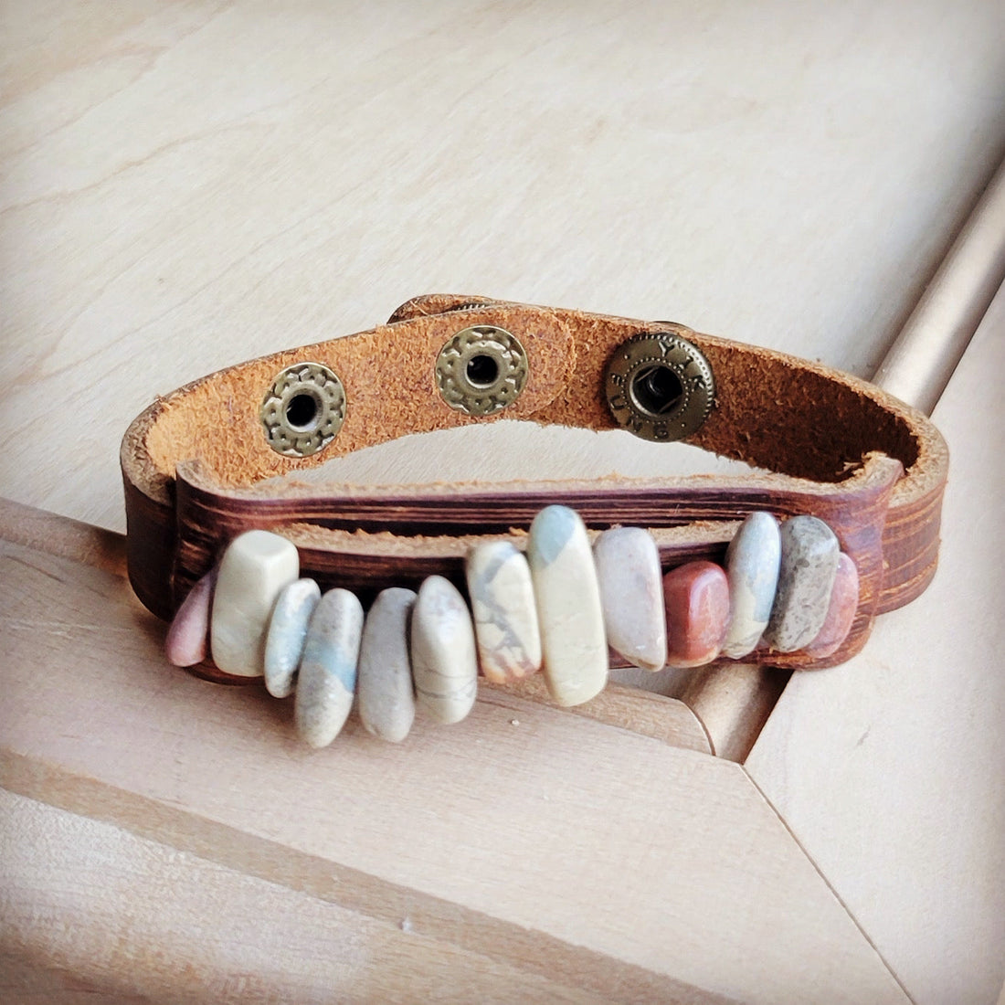 Genuine Leather Narrow Cuff with Aqua Terra Stones 005f