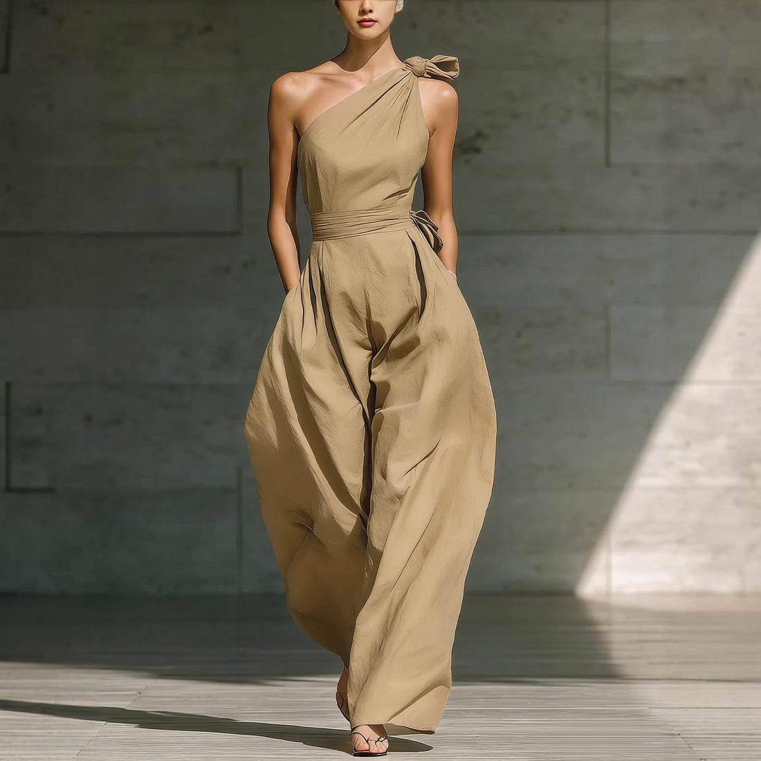 Women's One-Shoulder Wide Leg Jumpsuit with Waist Tie Detail - Image 4