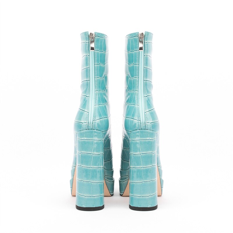 Women's Chunky Platform Ankle Boots - Stone Pattern High Heel