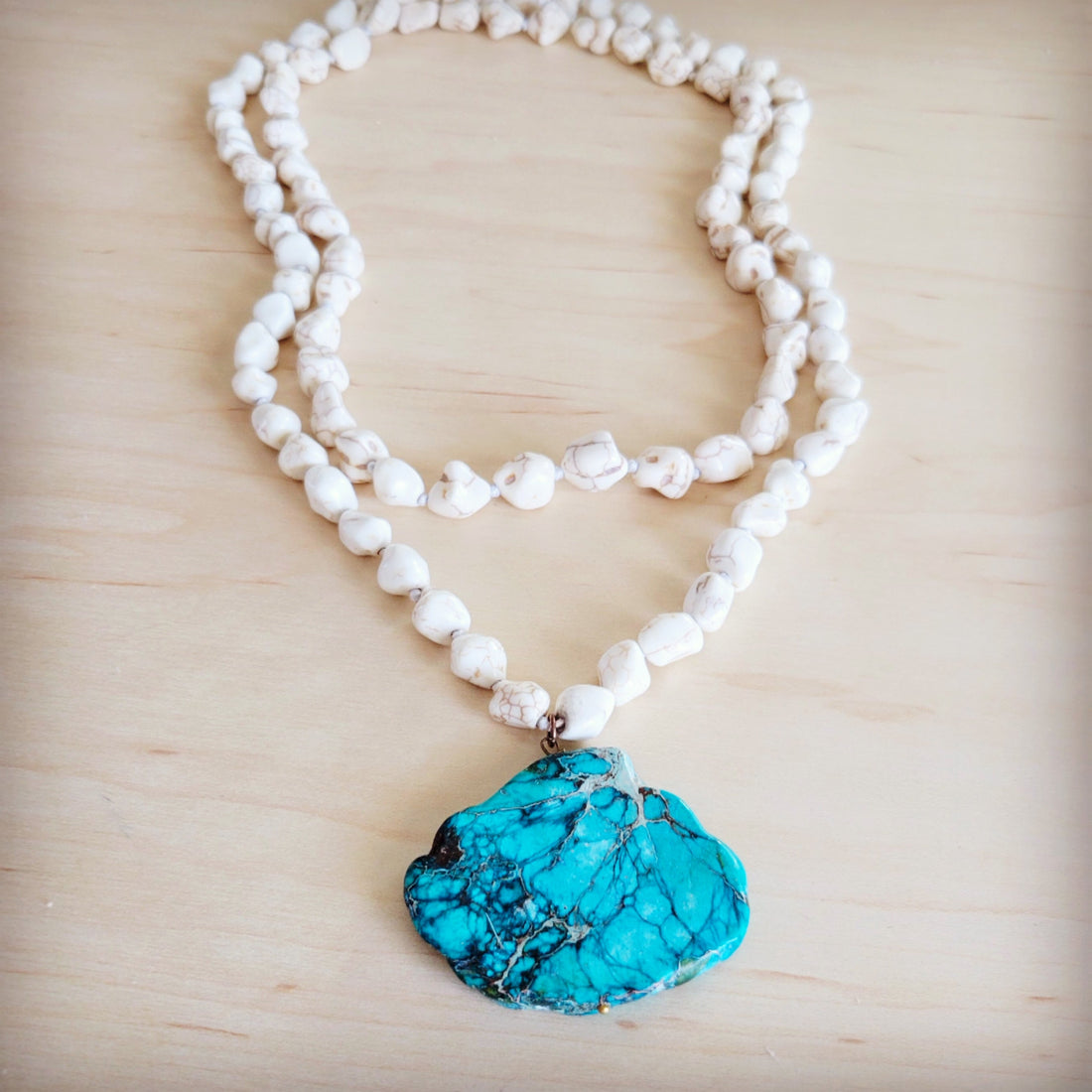 Long White Turquoise Beaded Necklace with Regalite Slab Pendant - Image 3