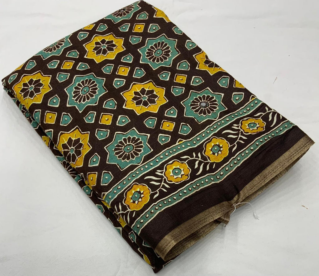 Coffee Cotton Blend Ajrak Saree with Unstitched Blouse Piece
