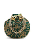 Green embroidered potli clutch with detailed festive craftsmanship