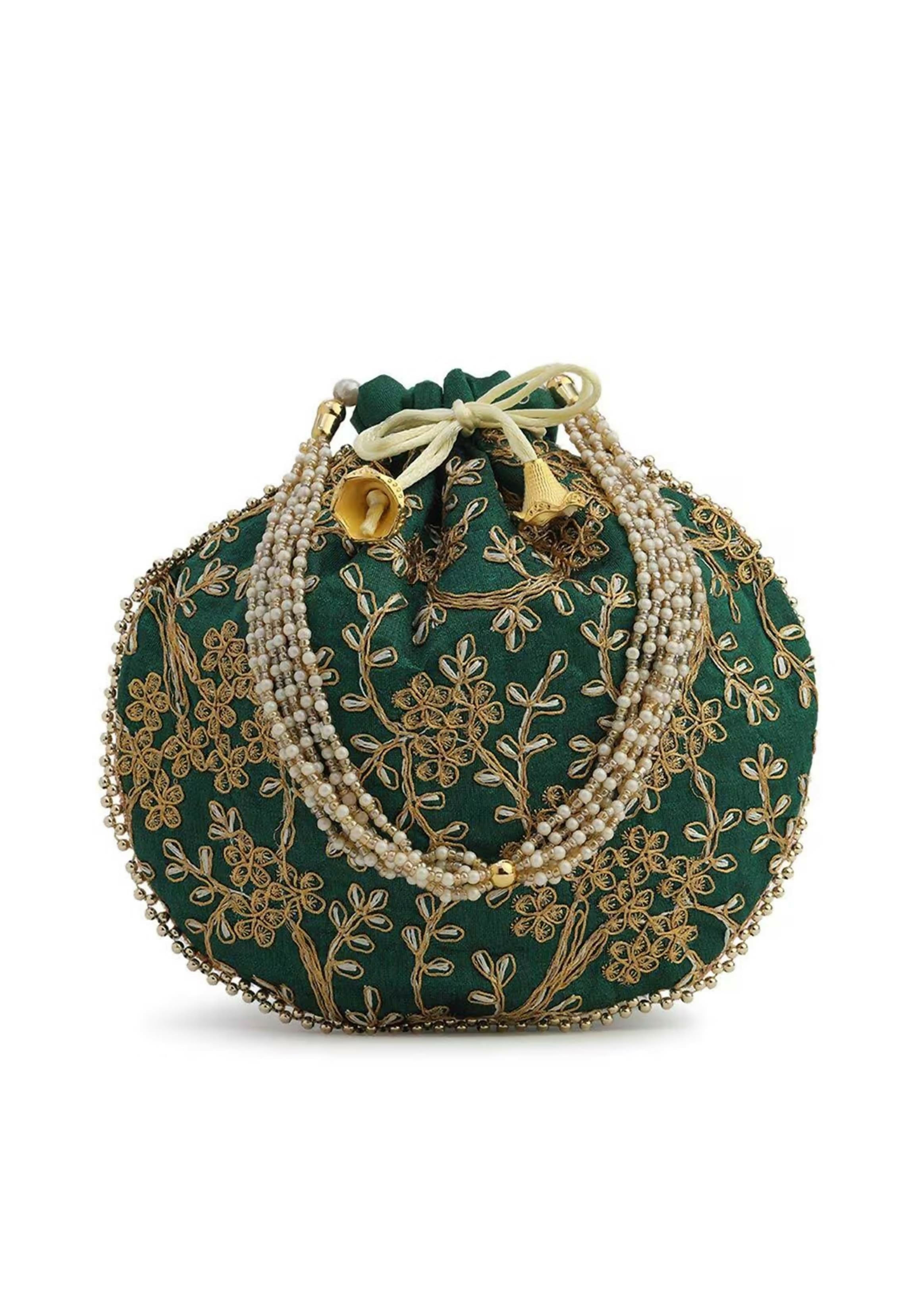 Green embroidered potli clutch with detailed festive craftsmanship