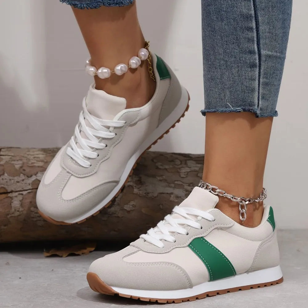 PU Leather Contrast Round Toe Flat Sneakers - Lace-Up Casual