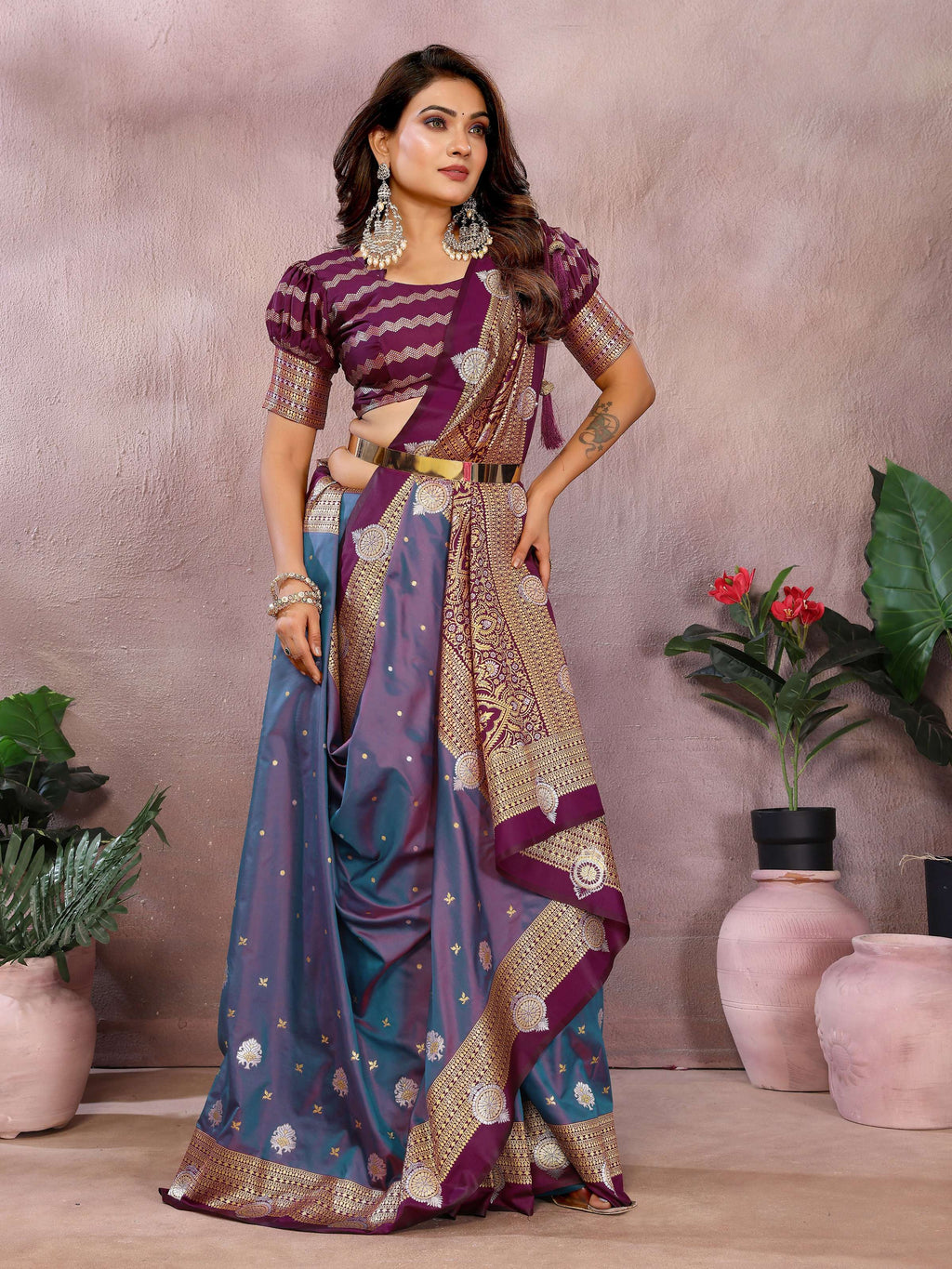 Purple Silk Saree with Elegant Traditional Weaving