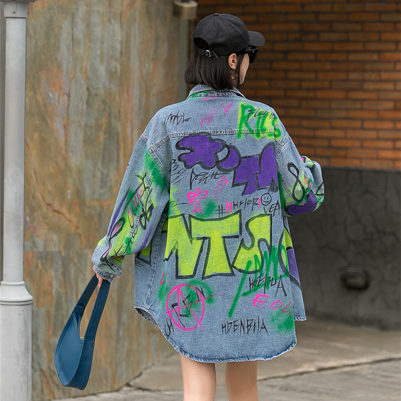 Women's Oversized Graffiti Denim Jacket - Casual Street Style Blue - Image 4