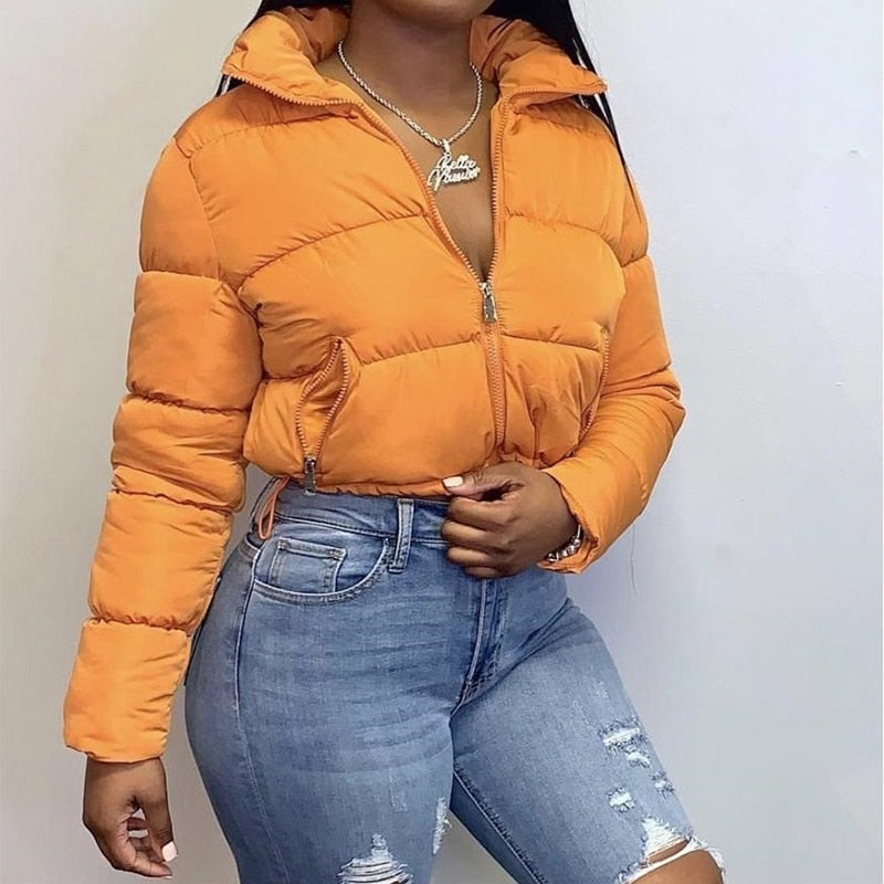Women's Cropped Orange Harajuku Style Zip-Up Puffer Parka - Image 2