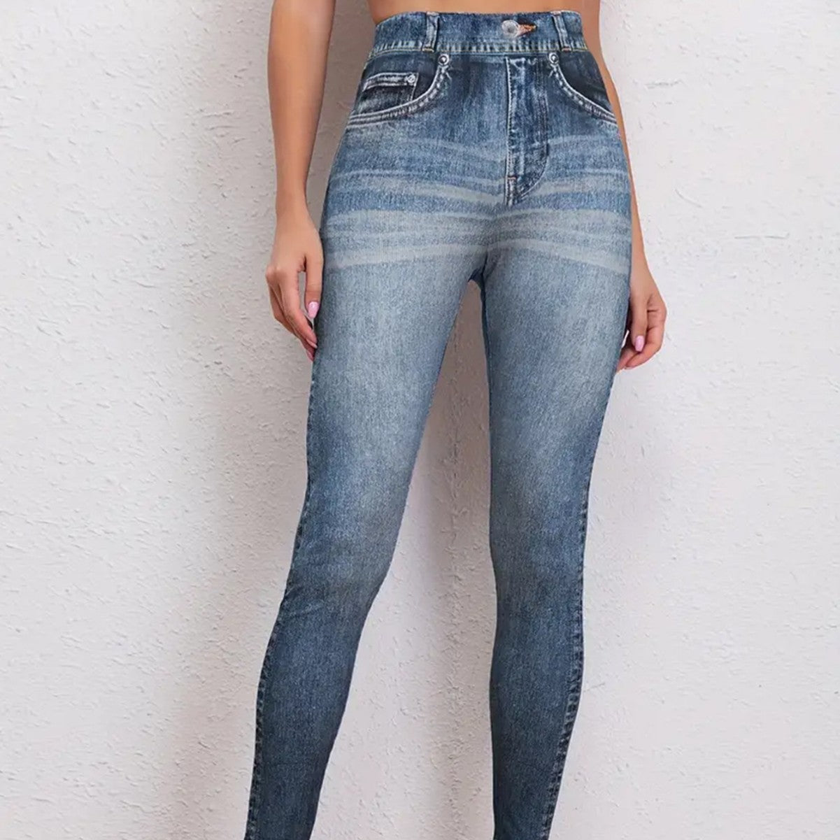 Women's High-Waisted Denim-Print Yoga Leggings Butt-Lifting Sporty