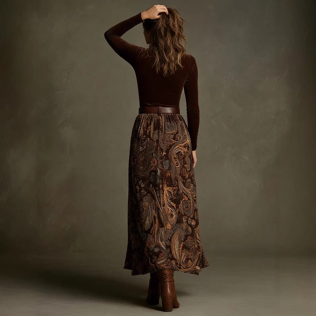 Women's Paisley Print Long Sleeve Skirt Set with Belt in Caramel - Image 4