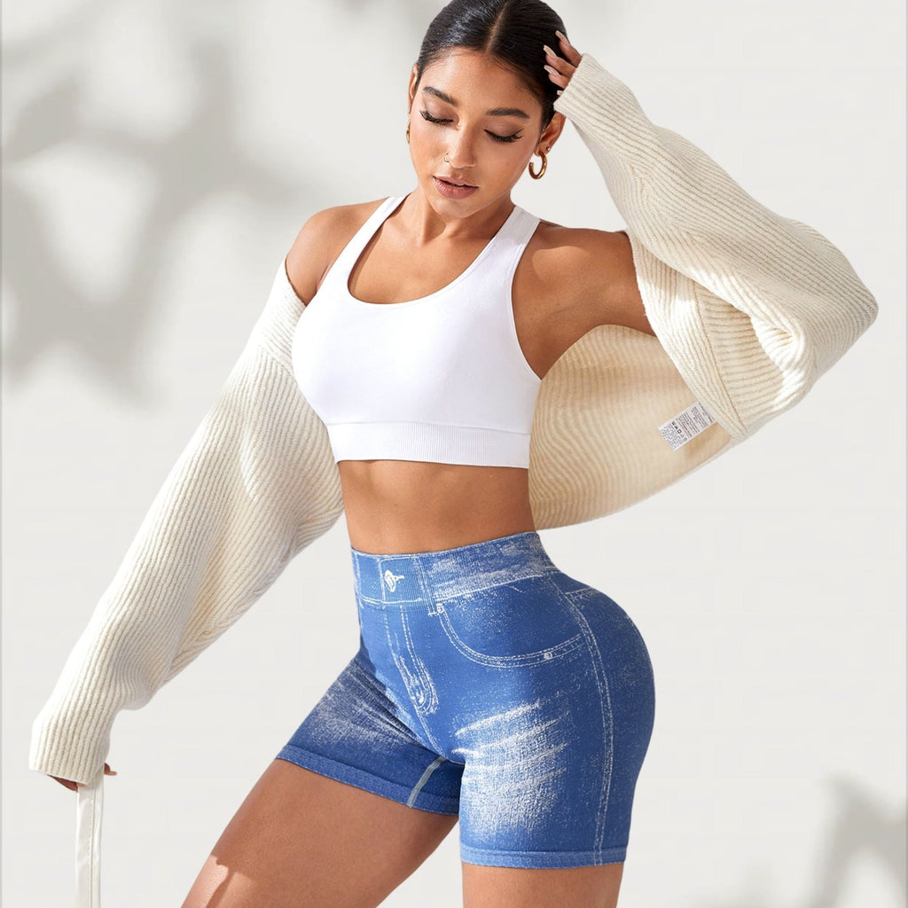 Denim-Effect Seamless Yoga Shorts High-Waisted Fitness Shorts