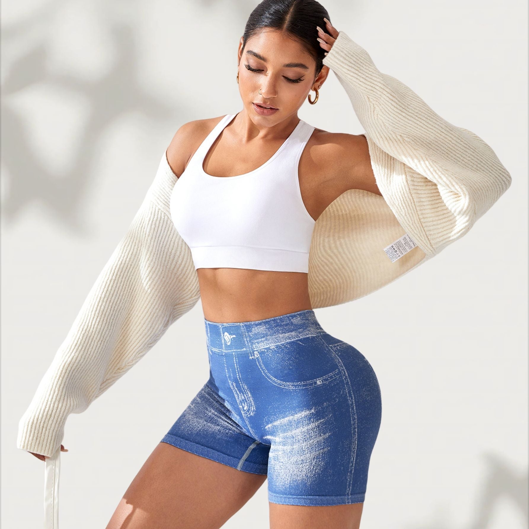 Denim-Effect Seamless Yoga Shorts High-Waisted Fitness Shorts