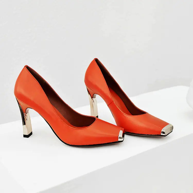 Women's Leather Square Toe Heels with Metallic Gold Heel and Tip - Image 14