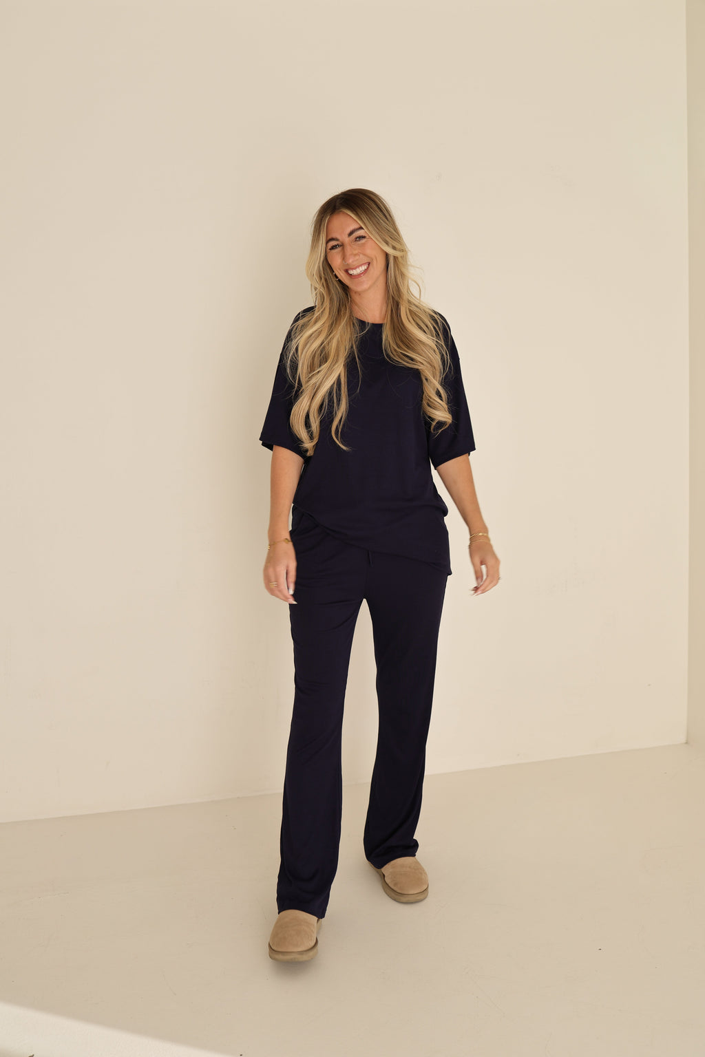 Women's Short Sleeve Ribbed Bamboo Lounge Set in Blueberry