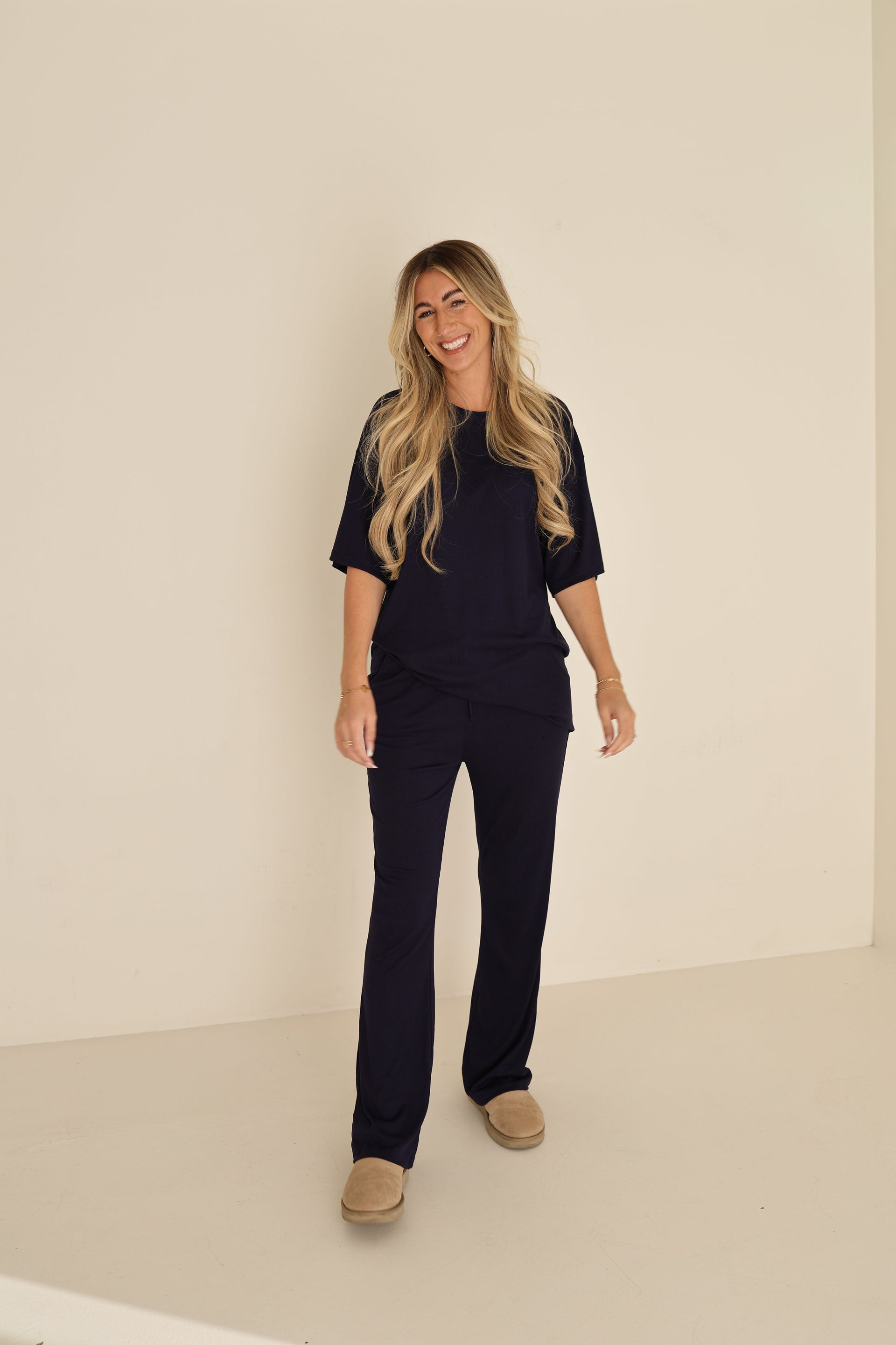 Women's Short Sleeve Ribbed Bamboo Lounge Set in Blueberry