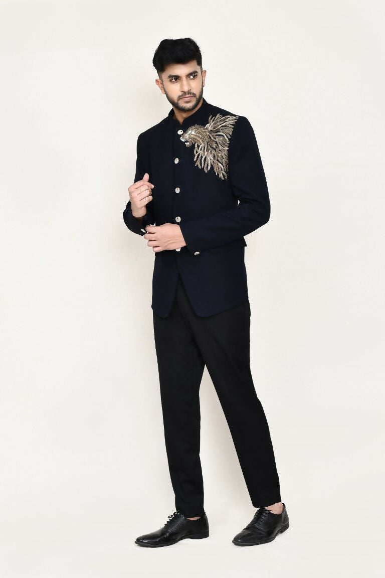 Blue Terry Rayon Prince Coat and Matching Pant Set