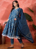 Blue printed pure cotton kurta set demonstrating a soft, graceful aesthetic