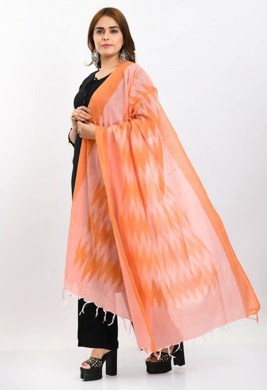 Women's Handloom Cotton Ikkat Dupatta in Vibrant Orange