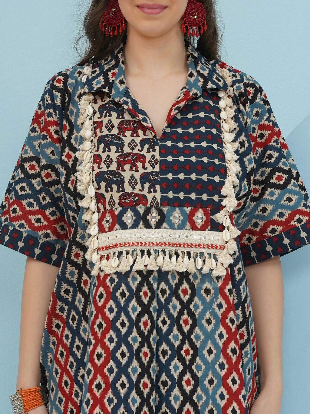 Blue Red Ikkat Print Cotton Kaftan Set for Women