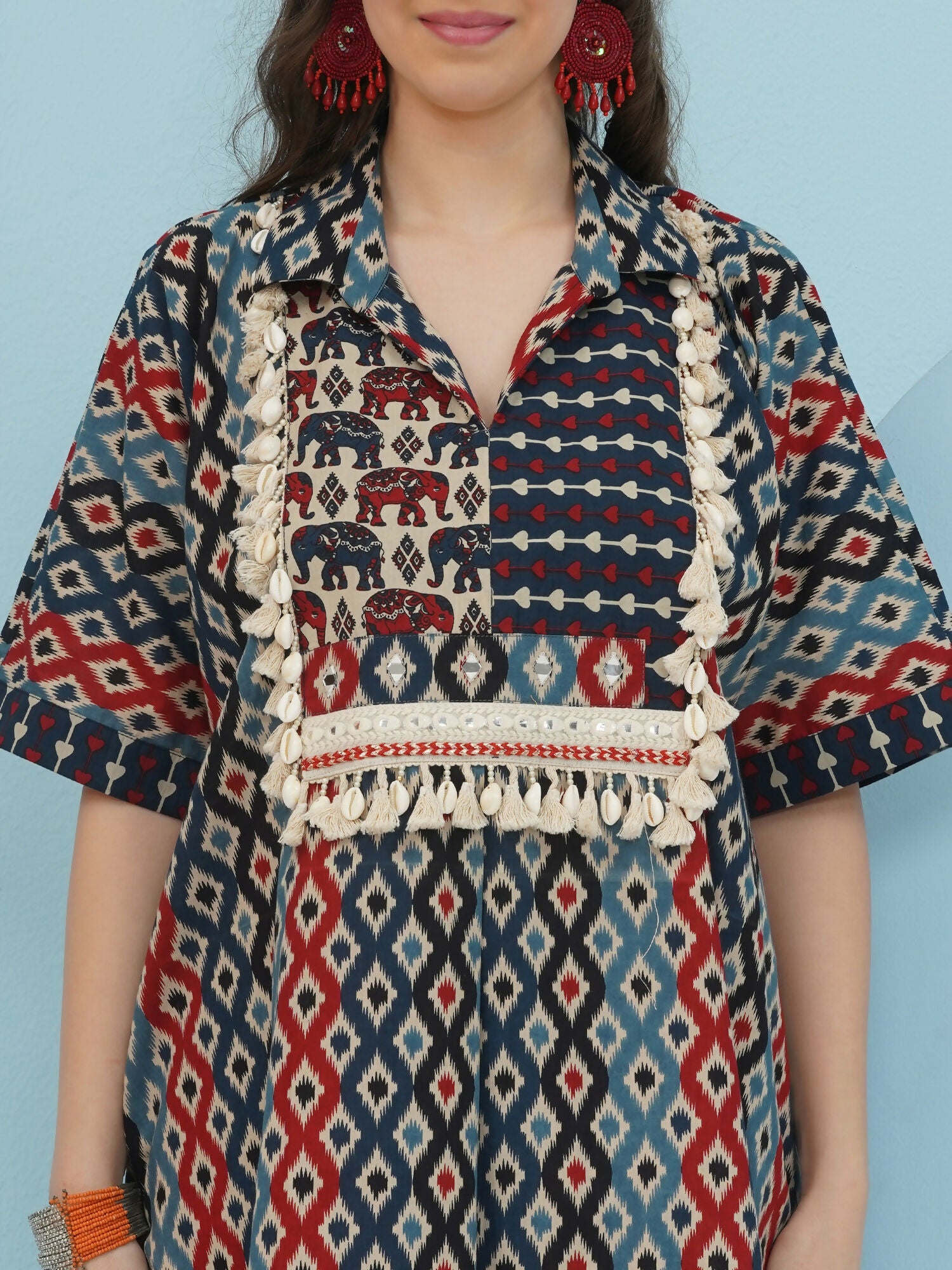 Blue Red Ikkat Print Cotton Kaftan Set for Women