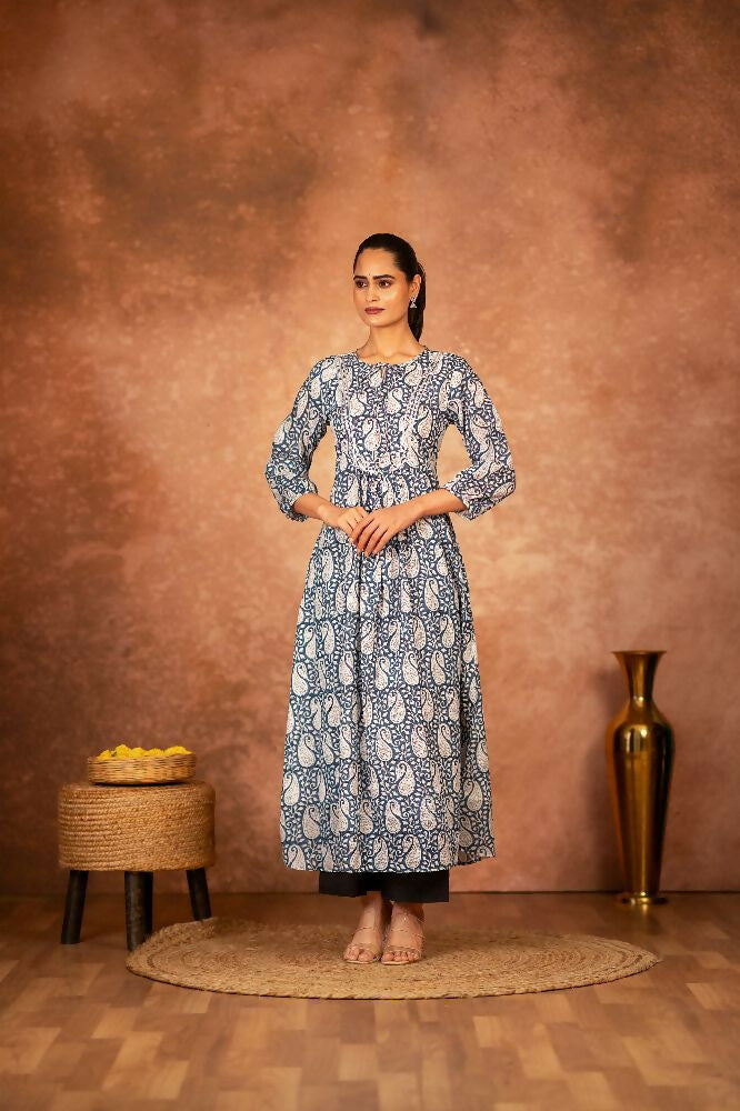 Blue Floral Hand Block Printed Cotton Kurta Pant Set
