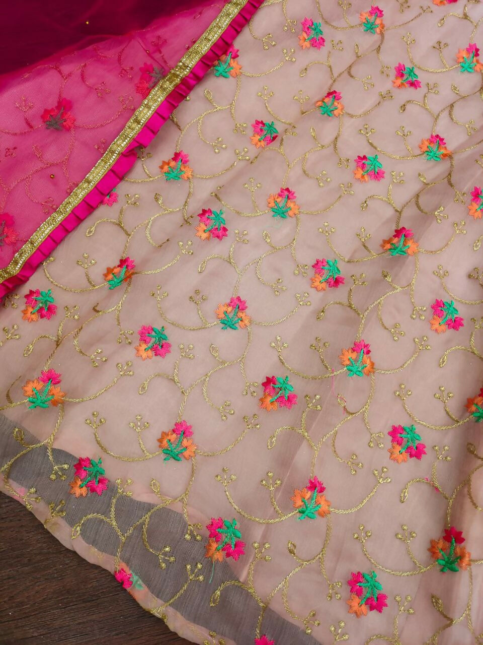 Girls Peach Organza Silk Embroidered Lehenga Choli Set
