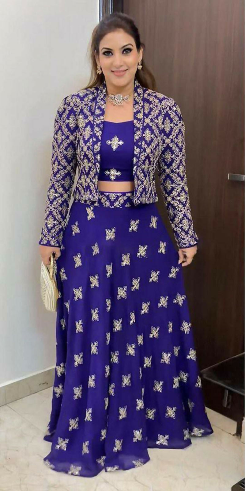 Royal Blue Faux Georgette lehenga choli set with sequins and thread embroidery and matching designer jacket