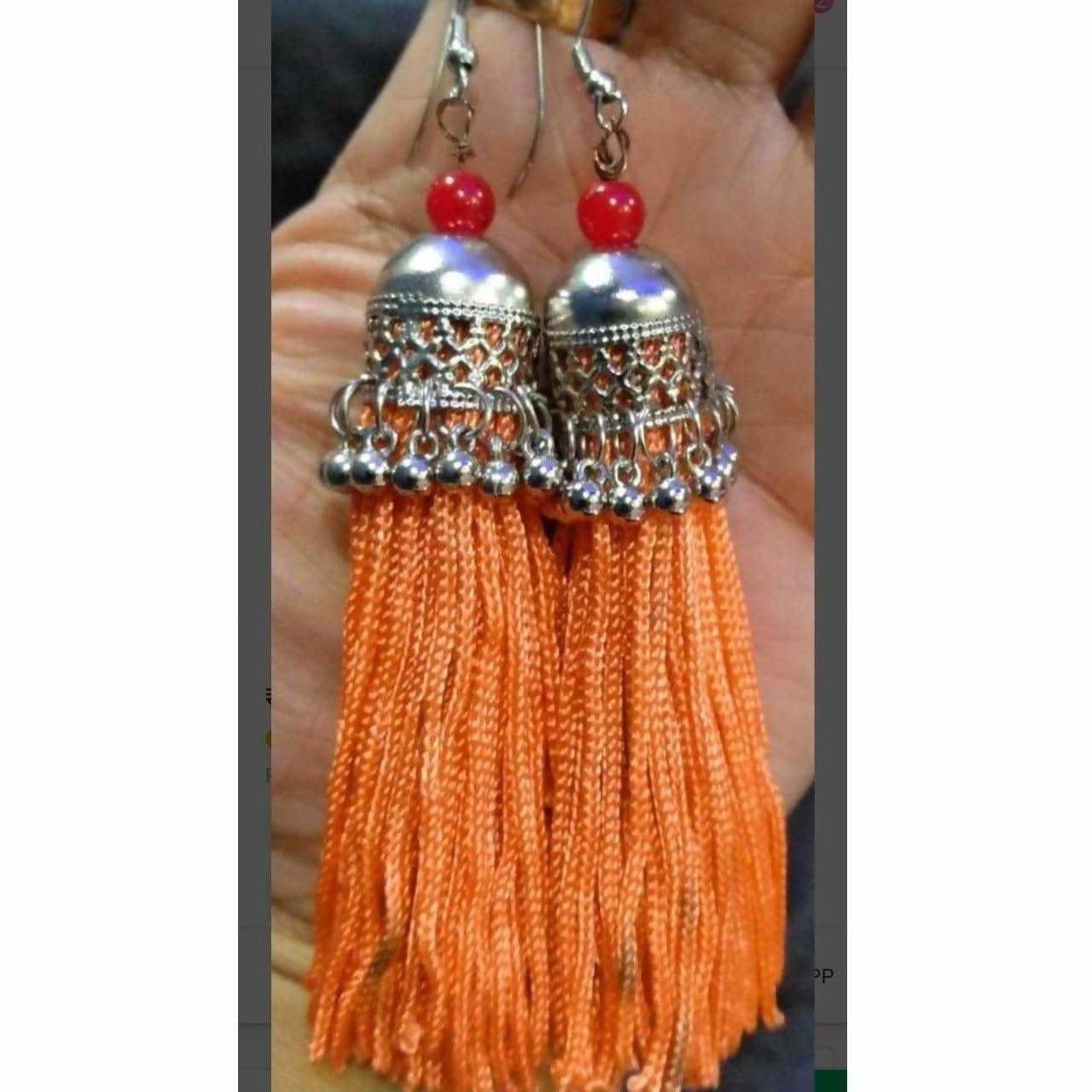 Orange Thread Jhumka Earrings in Oxidized Silver Finish