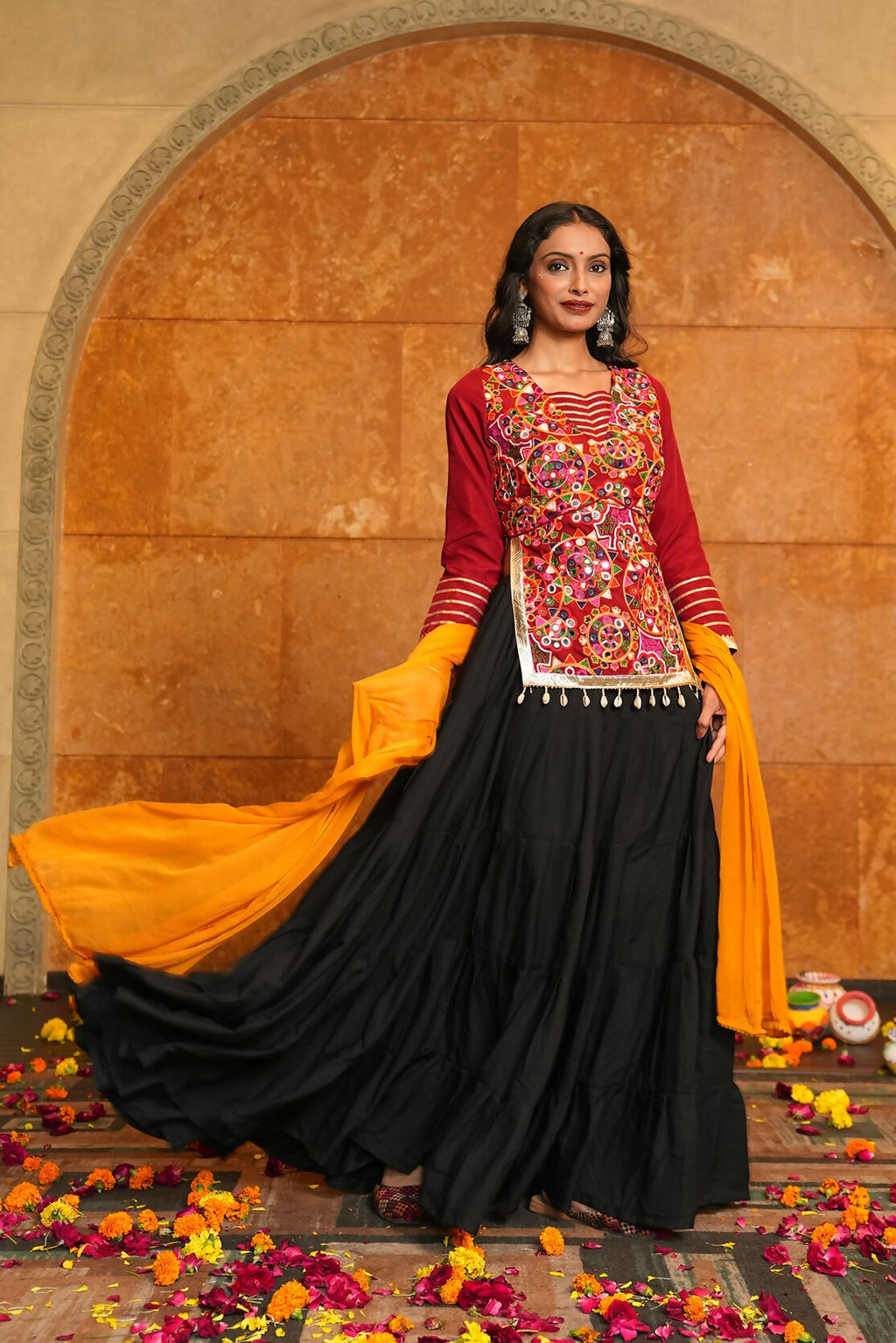 Black Crepe Designer Navratri Lehenga Choli with Red & Yellow